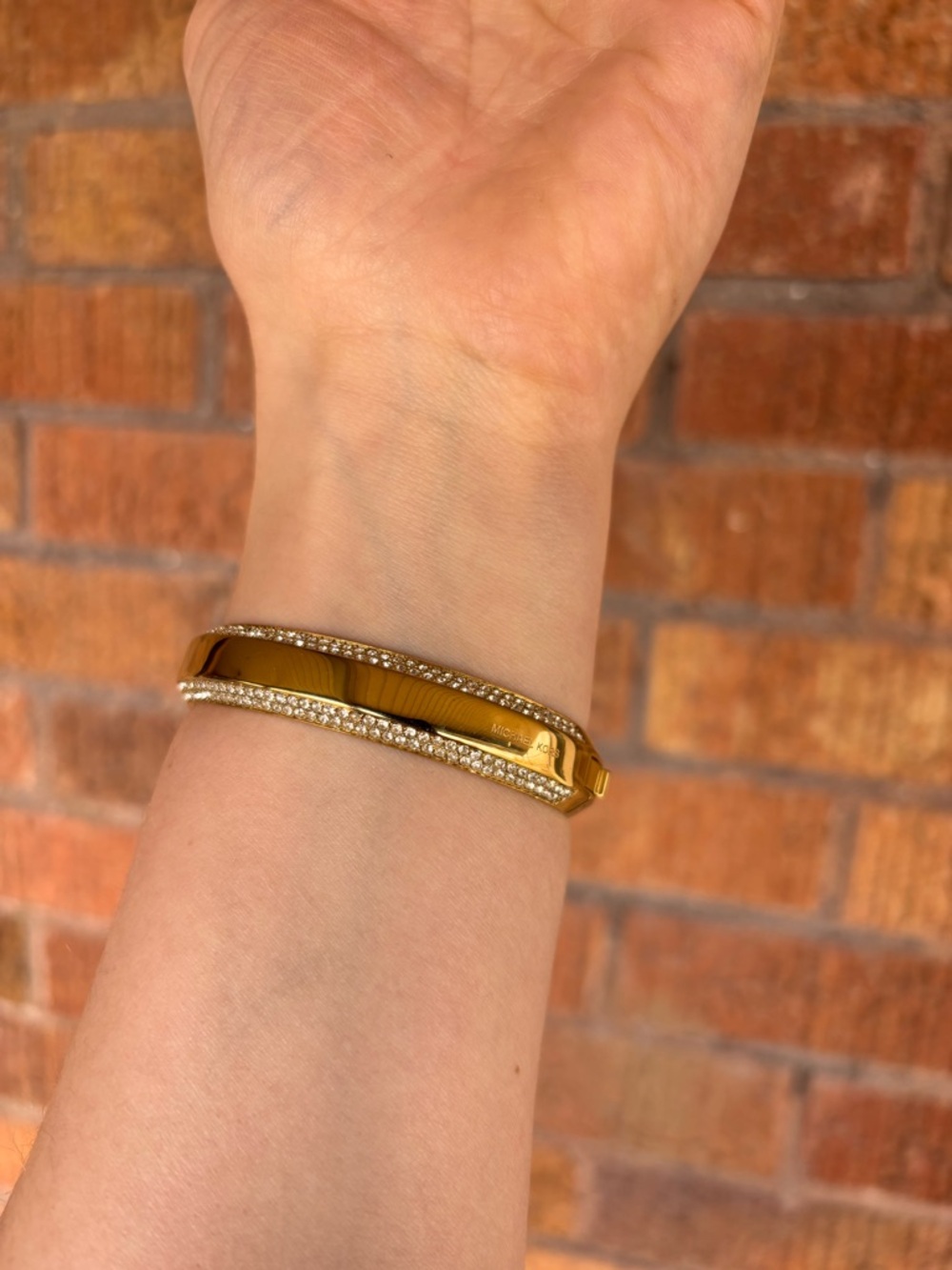 Michael Kors Gold Bracelet Bangle Rhinestone Studded Logo Signed Luxury Women’s - Picture 5 of 8